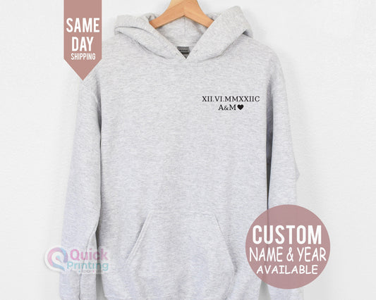 Roman Numeral Matching Hoodie, Couple Top, Custom Initials With Heart  Hoodies,Valentines dat Top, Custom Anniversary Date Couple Hoodies T