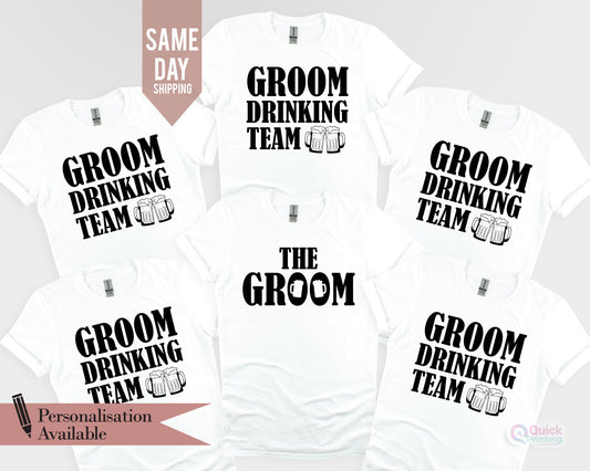 The groom and groom's drinking team t-shirt, Wedding Bachelor Party Tshirt, Hen Party Shirt, Funny men's night tee Stag Do Honeymoon Tshirt