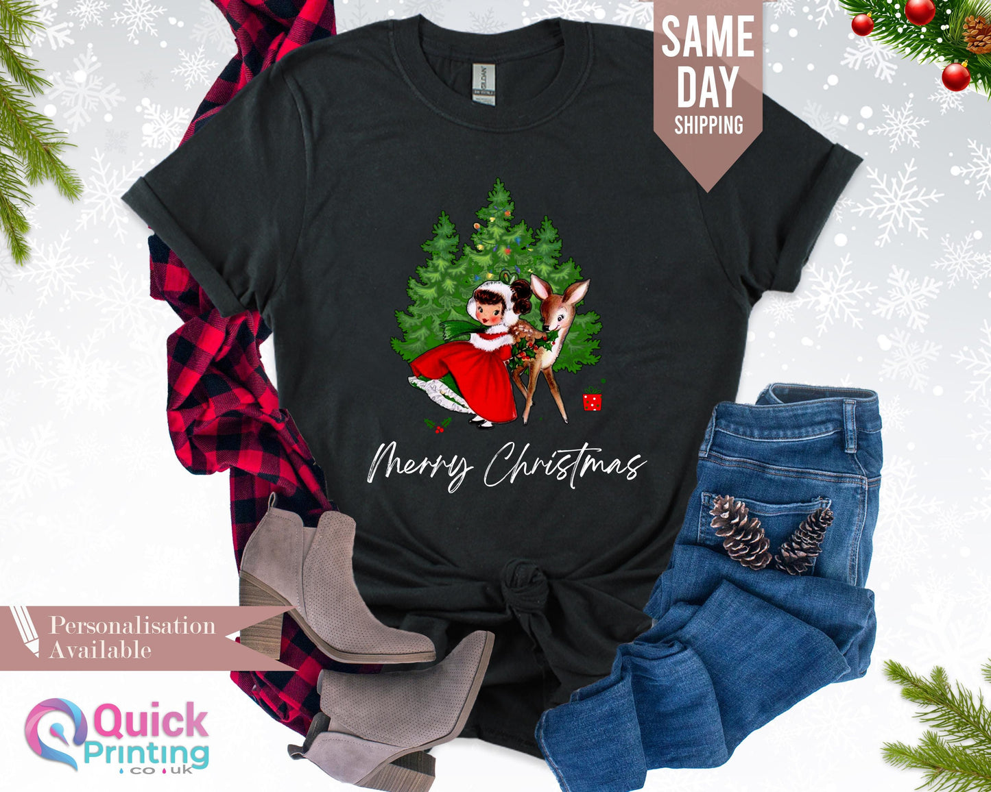 Vintage Christmas Girl and Reindeer Shirt: Soft Cotton Holiday Top