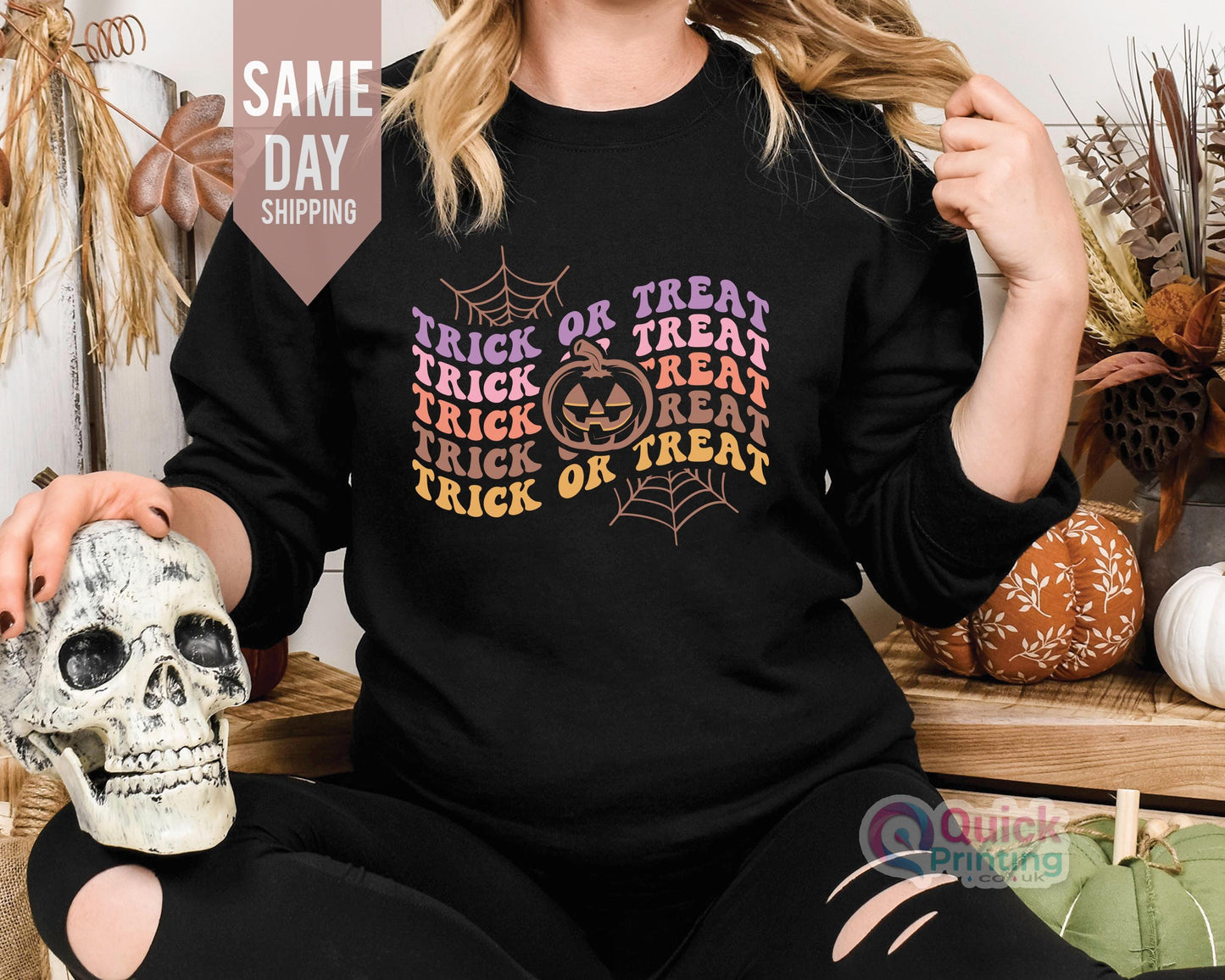 Halloween Trick or Treat Sweatshirt: Unisex Cotton-Poly Blend