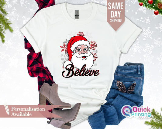 Believe Santa Christmas Shirt: Softstyle Cotton Tee
