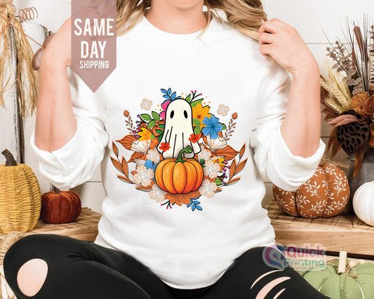 Halloween Ghost Sweatshirt: Floral Pumpkin Spooky Season Jumper