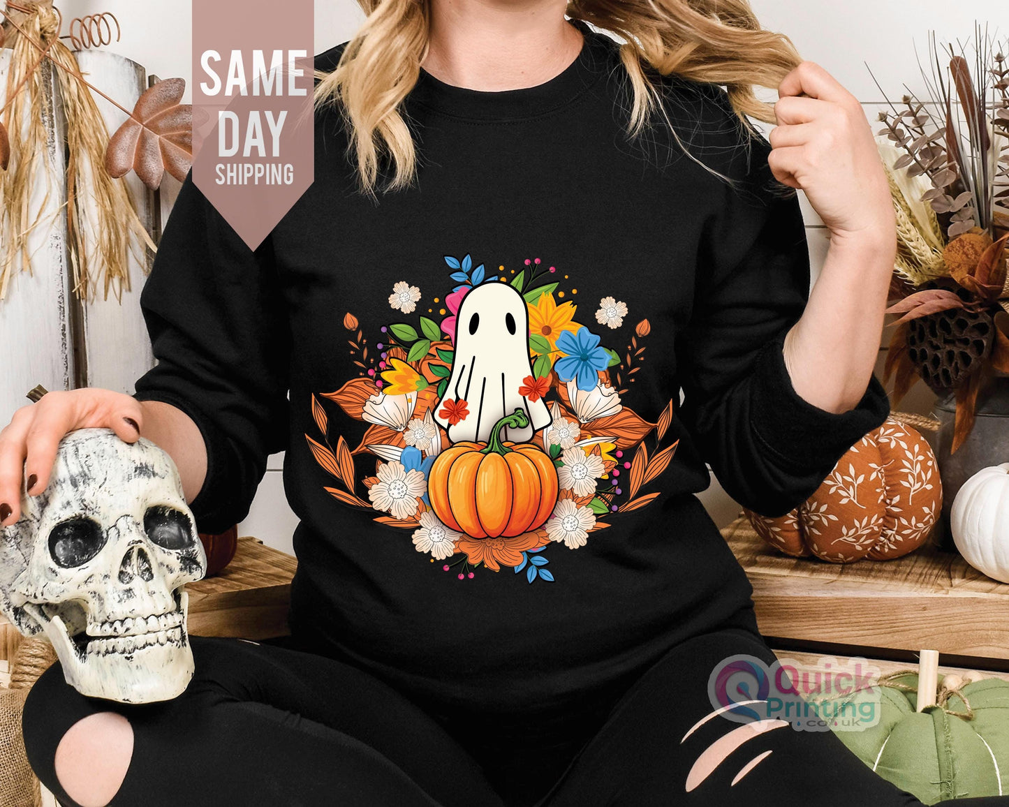 Halloween Ghost Sweatshirt: Floral Pumpkin Spooky Season Jumper