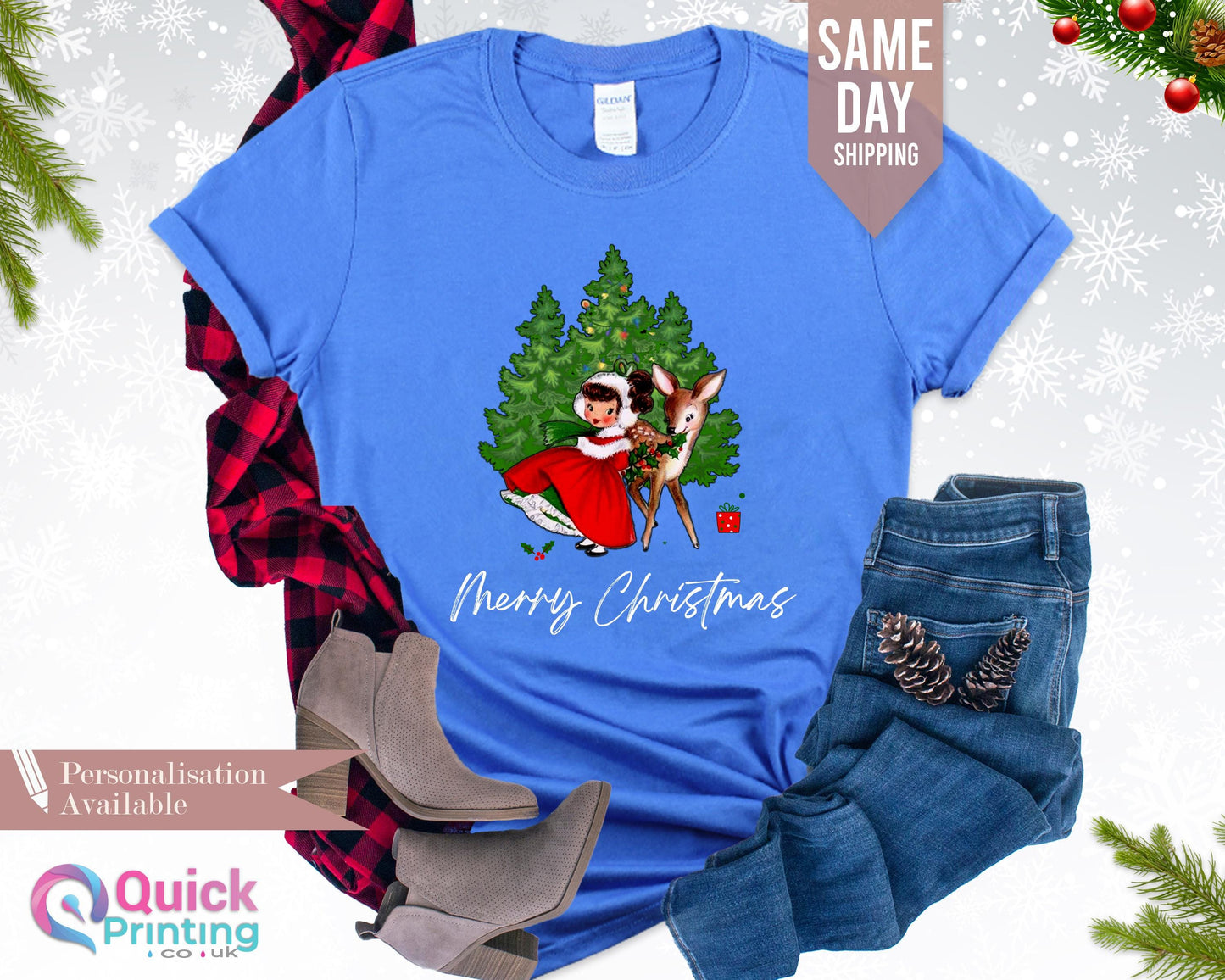 Vintage Christmas Girl and Reindeer Shirt: Soft Cotton Holiday Top