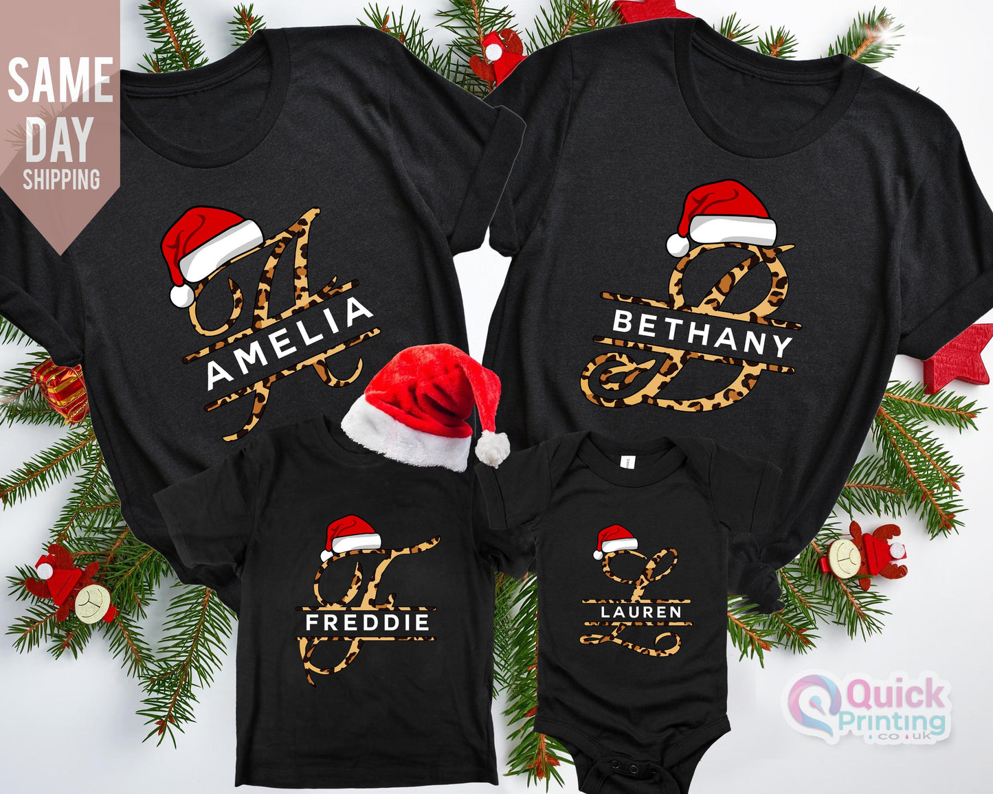 Personalized Leopard Print Initial Christmas Tee - Family Xmas Shirt
