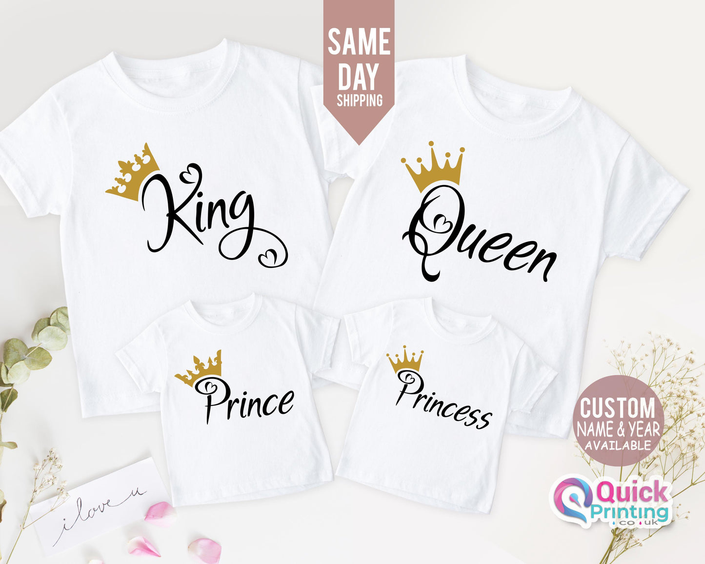 King Queen Matching Couple Shirts, ROYAL family king queen prince princess babygrow and adult t-shirts, gift for family newborn, Anniversary