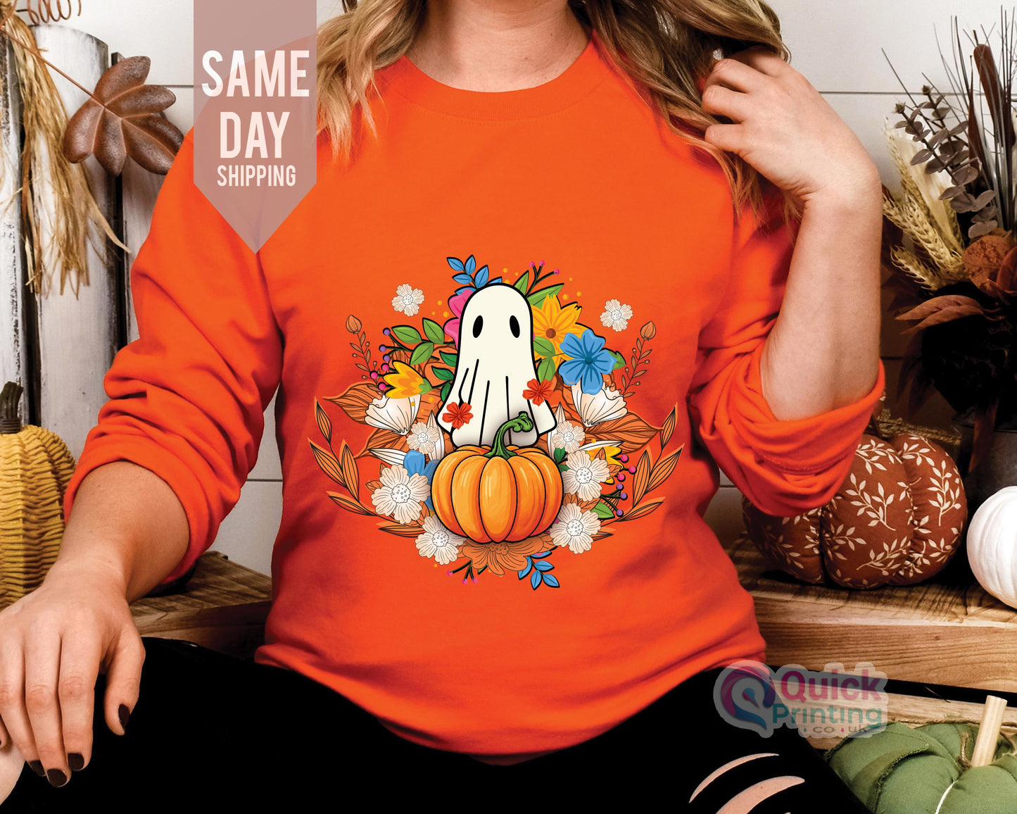 Halloween Ghost Sweatshirt: Floral Pumpkin Spooky Season Jumper