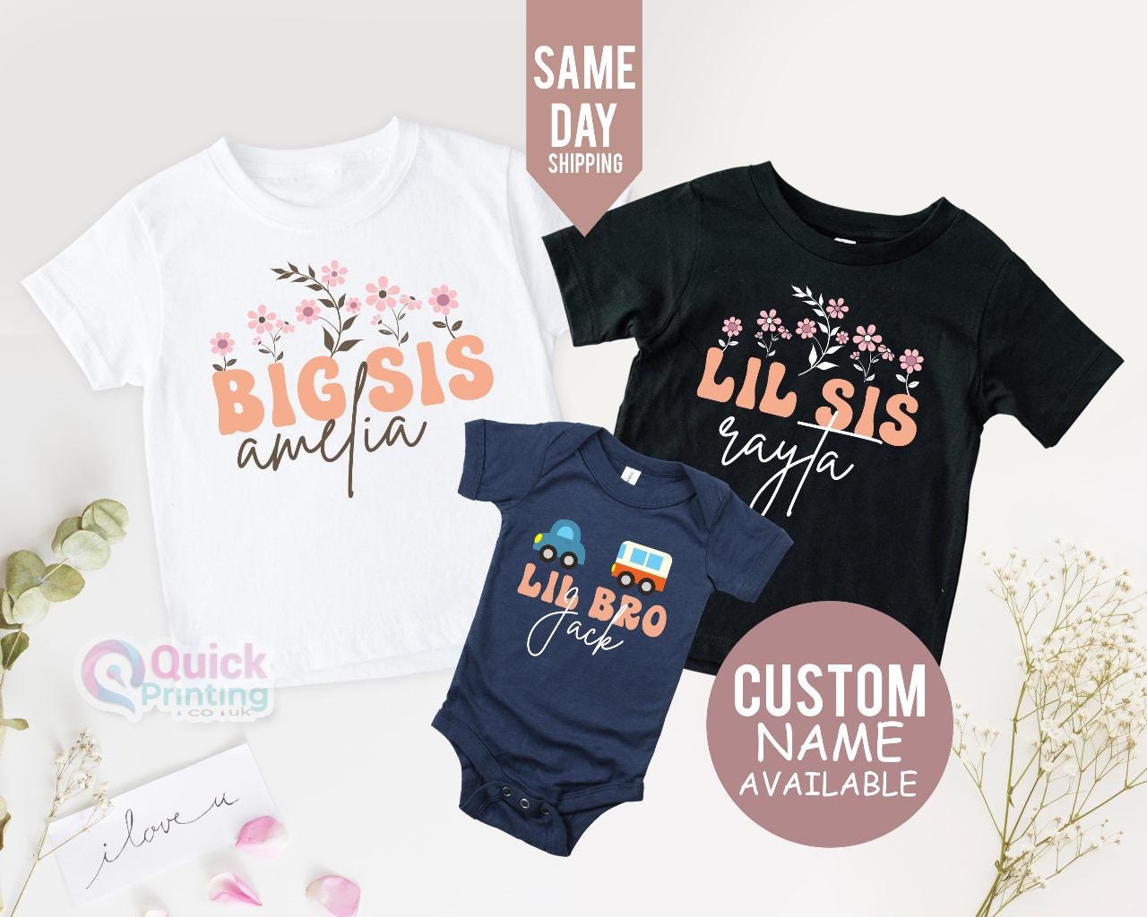 Custom Name Tshirt, Big Sister Little Sister T-Shirts and Bodysuits, Big Sister Tee, New Big Sister Gift, Baby Grow New Brother New Sister T