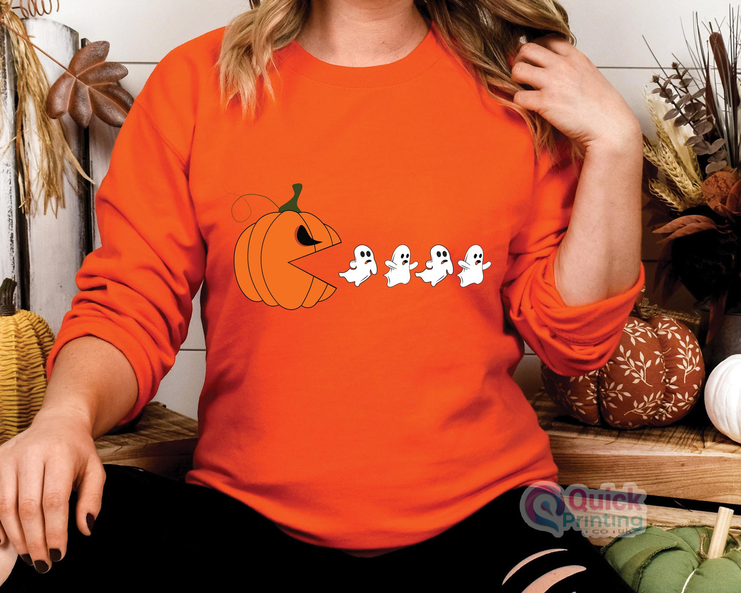 Funny Halloween Sweatshirt: Pumpkin Eating Ghosts, Unisex Jumper