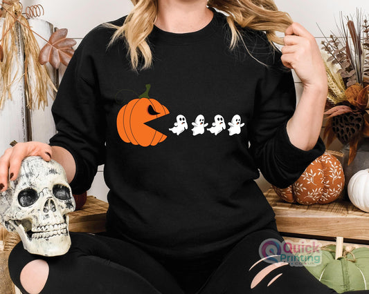 Funny Halloween Sweatshirt: Pumpkin Eating Ghosts, Unisex Jumper