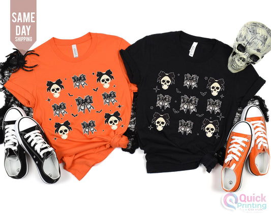 Halloween Skull Black Bow Tshirt, Halloween Women's  Mens Tshirt, Halloween Sweatshirt for Women,  Halloween Costume, Spooky Season Tee 2024