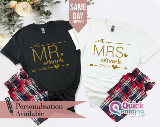 Personalised Mr Mrs Tshirt, Hubby Wifey Shirts, Bride Groom Tshirt, Newlywed Tshirt Gift, Honeymoon Couple Tshirt, Wedding Gift for her him