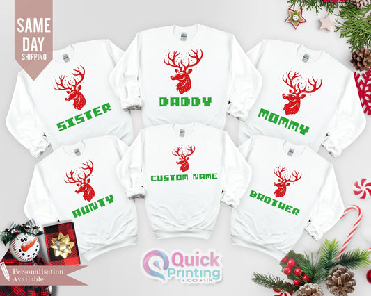 family Christmas Sweatshirt, Christmas Matching Family Jumpers, Personalised Family Sweaters, Reindeer Sweatshirt, Matching Sweatshirts 2024
