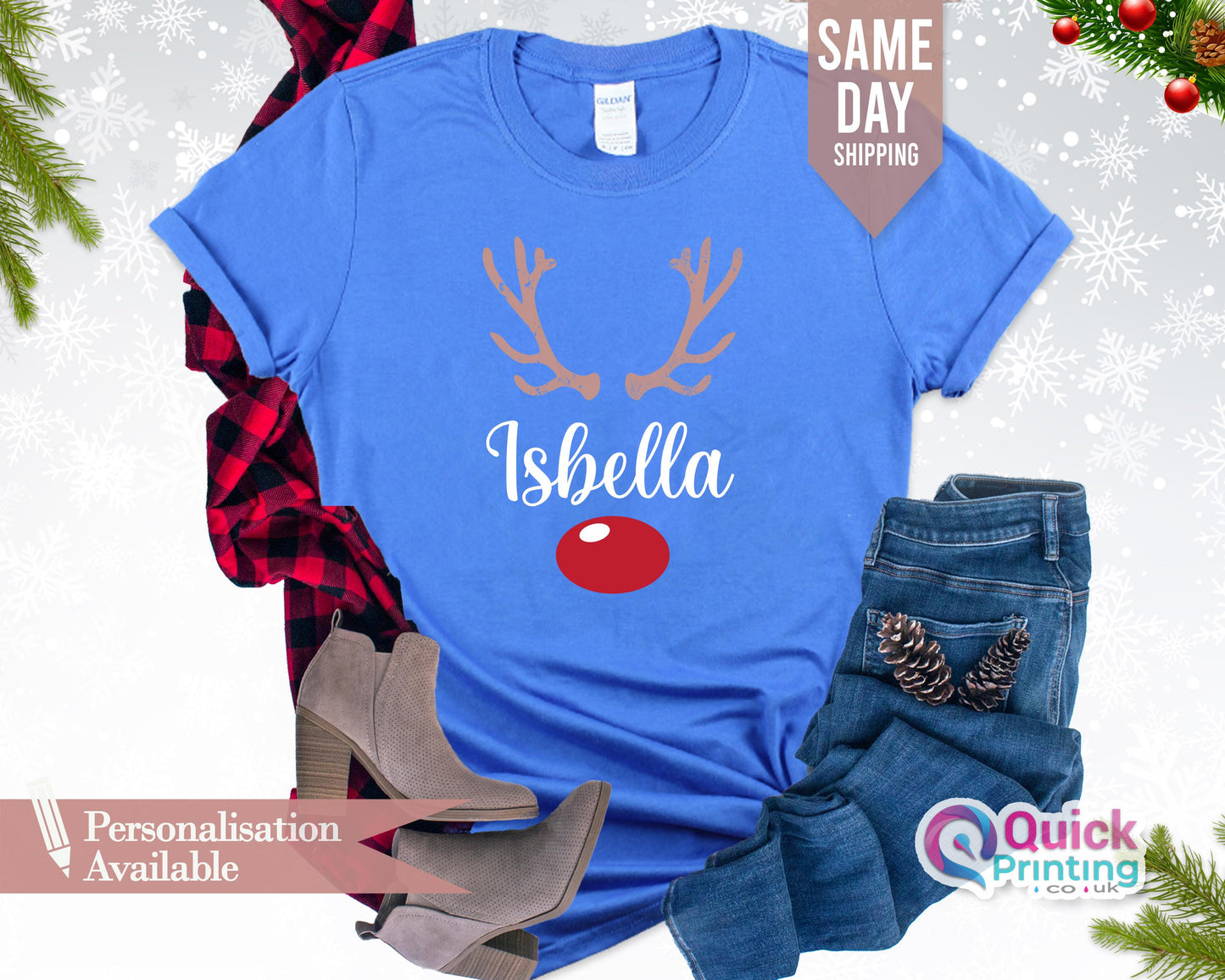 Personalized Christmas Reindeer Family T-Shirt: Matching Name Shirts