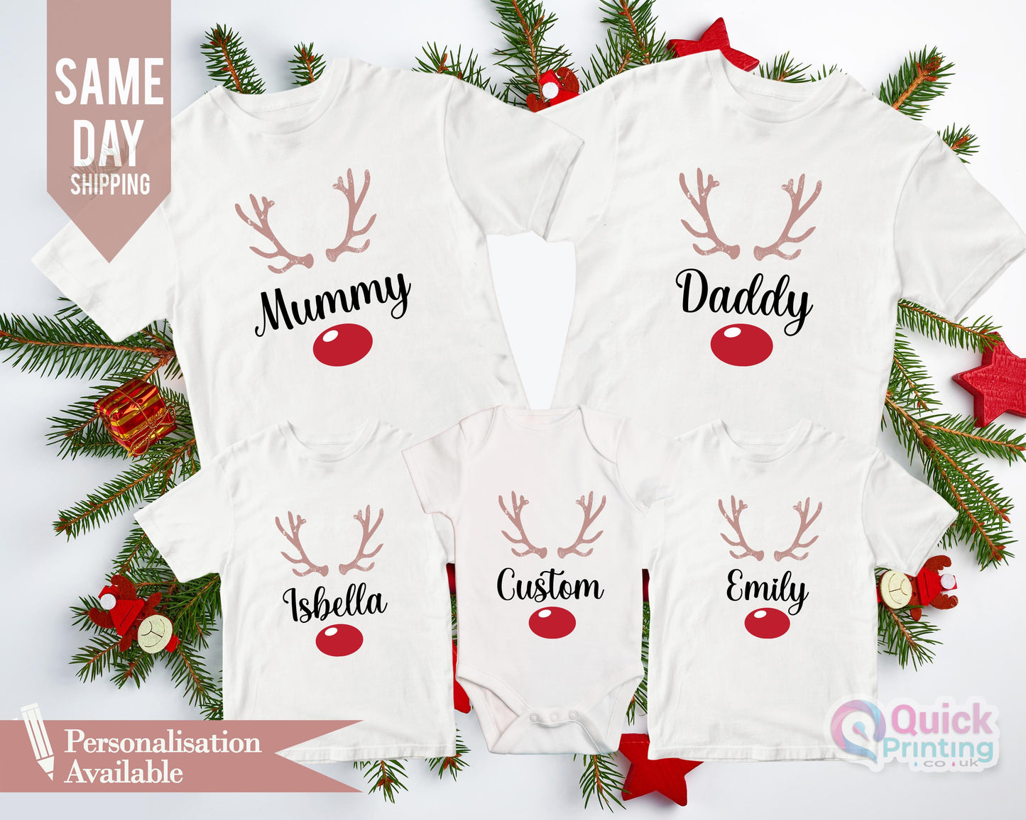 Personalized Christmas Reindeer Family T-Shirt: Matching Name Shirts