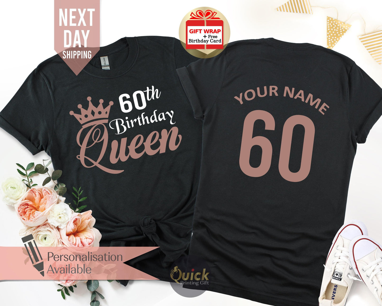 Personalised 60th Birthday Tshirt for Woman, Ladies Birthday Queen TShirts, 1965 Birthday Gifts for women, Vintage Birthday Gift Mum Grandma
