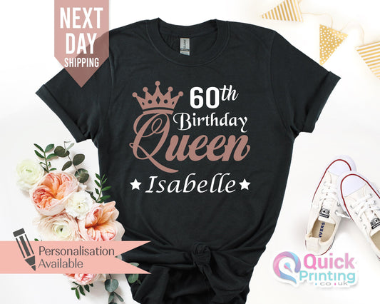 Personalised 60th Birthday Tshirt for Woman, Ladies Birthday Queen TShirts, 60th Birthday Gifts for women, Vintage Birthday Gift Mum Grandma