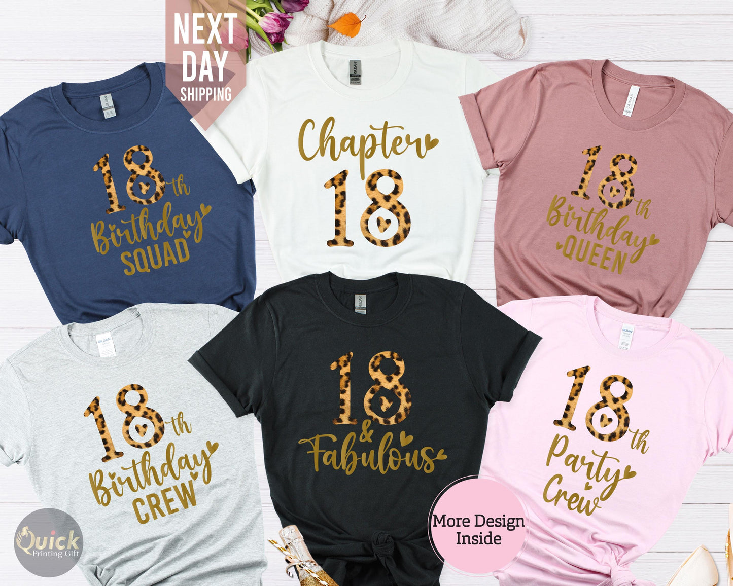 18th Birthday Girl T-Shirt: Leopard Print, Birthday Queen, Crew Shirt