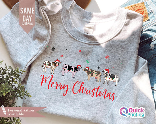 Christmas Cow Sweatshirt, Funny Christmas Shirt, Highland Cow Crewneck, Cow Lights Sweater, Holiday Sweater, Women's Cow Shirt, Merry Xmas T