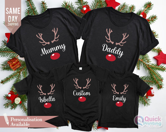 Personalized Christmas Reindeer Family T-Shirt: Matching Name Shirts
