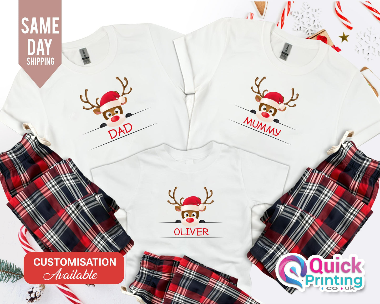 Personalized Family Christmas Pajama Set: Reindeer PJs & T-Shirt