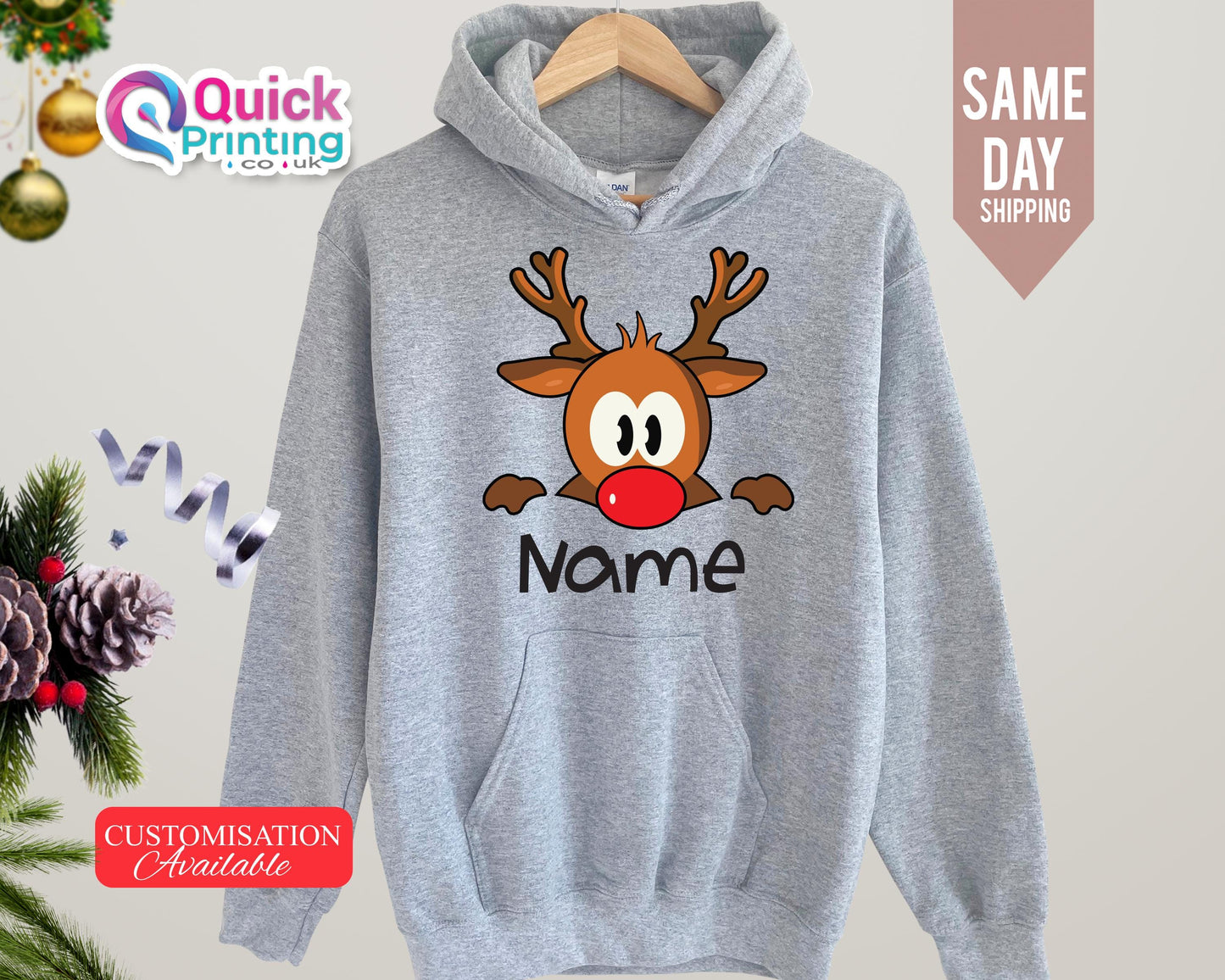 Personalized Reindeer Christmas Hoodie: Custom Xmas Gift