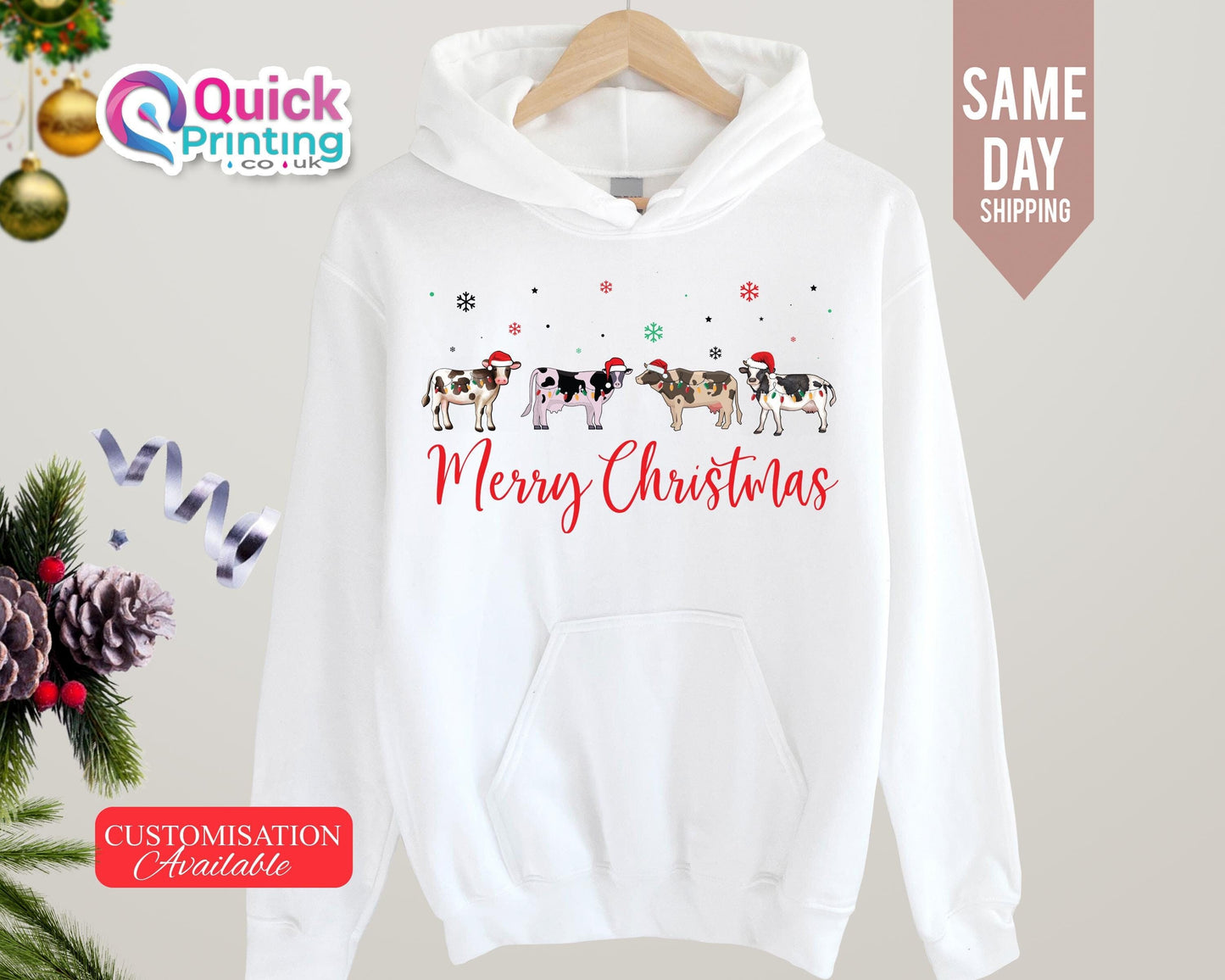 Christmas Cow Hoodie: Merry Xmas Lights Sweater, Farm Animal Lover Gift
