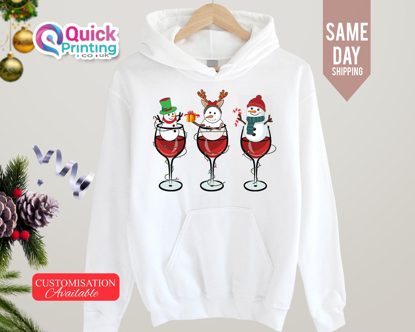 Christmas Wine Glass Snowman Hoodie: Funny Xmas Party Sweater