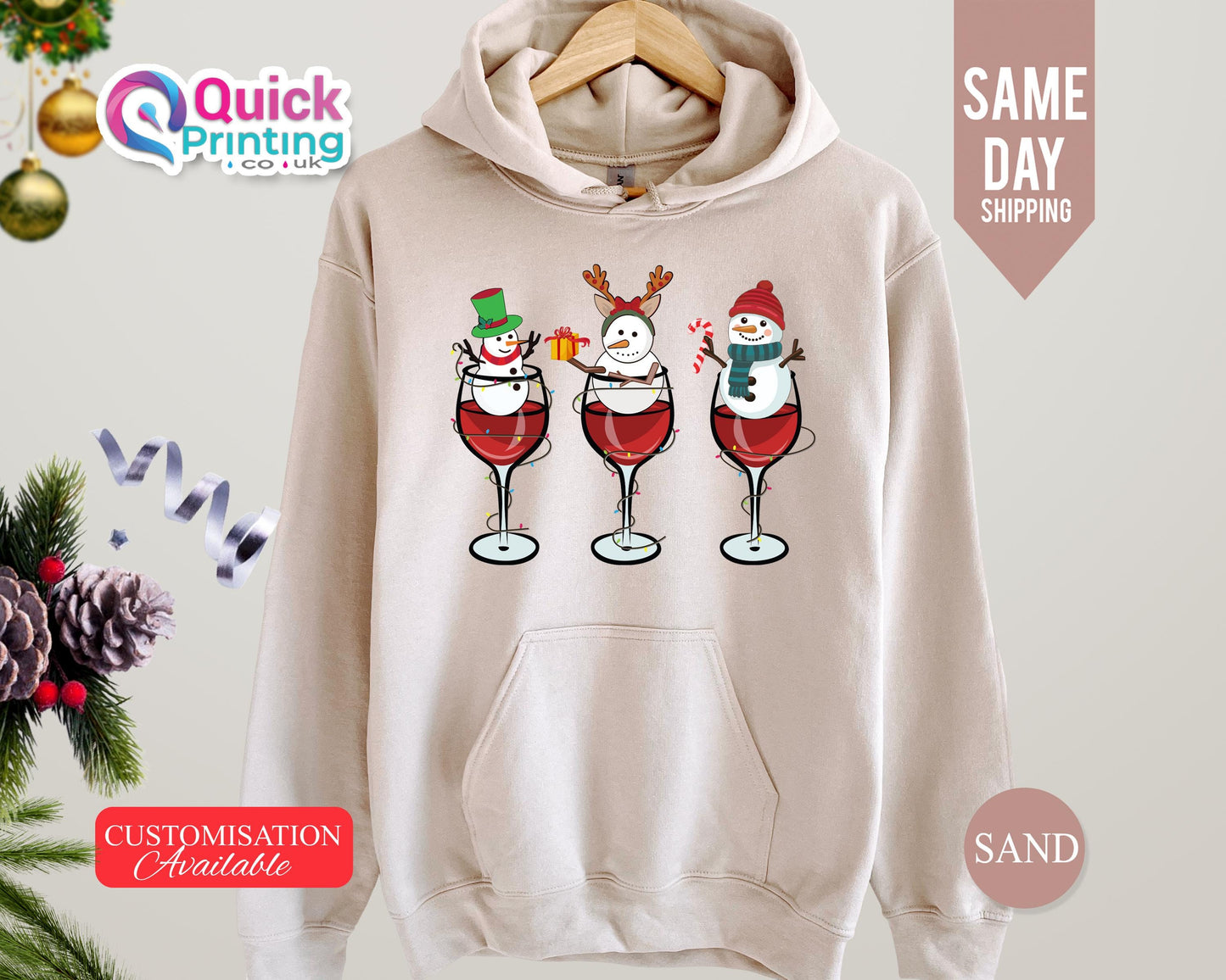Christmas Wine Glass Snowman Hoodie: Funny Xmas Party Sweater