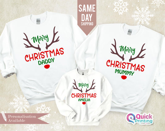Merry Christmas Sweatshirt, Custom Reindeer Christmas Sweatshirt, Cute Winter Sweater, Christmas Shirt for Women, Christmas Crewneck Sweater