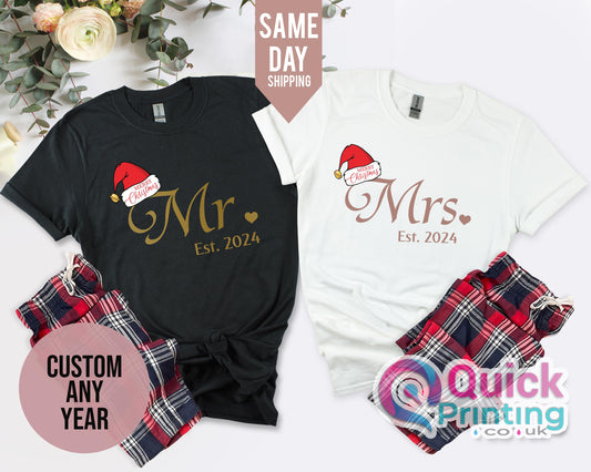 Mr Mrs Matching Christmas Couple Tshirt, Hubby Wifey Shirts, Newly married Christmas Shirt, Honeymoon Tshirt, Christmas Gifts for Women Men