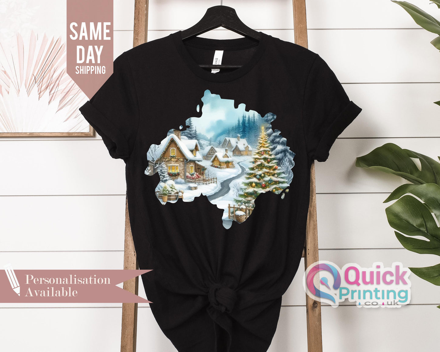 Retro Christmas Village T-shirt: 90s Winter Scene