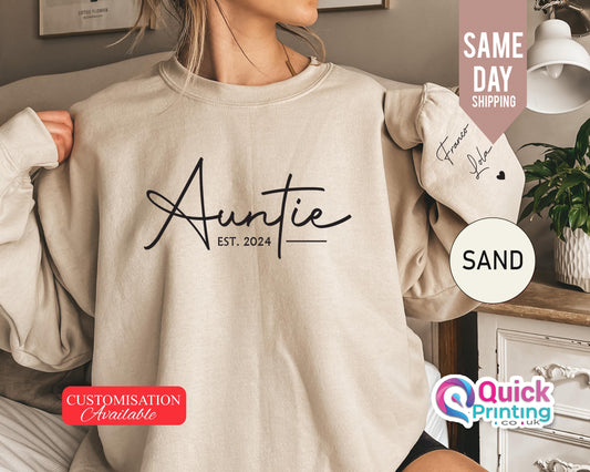 Custom Auntie Sweatshirt: Personalized Name Sleeve, Auntie Announcement Gift