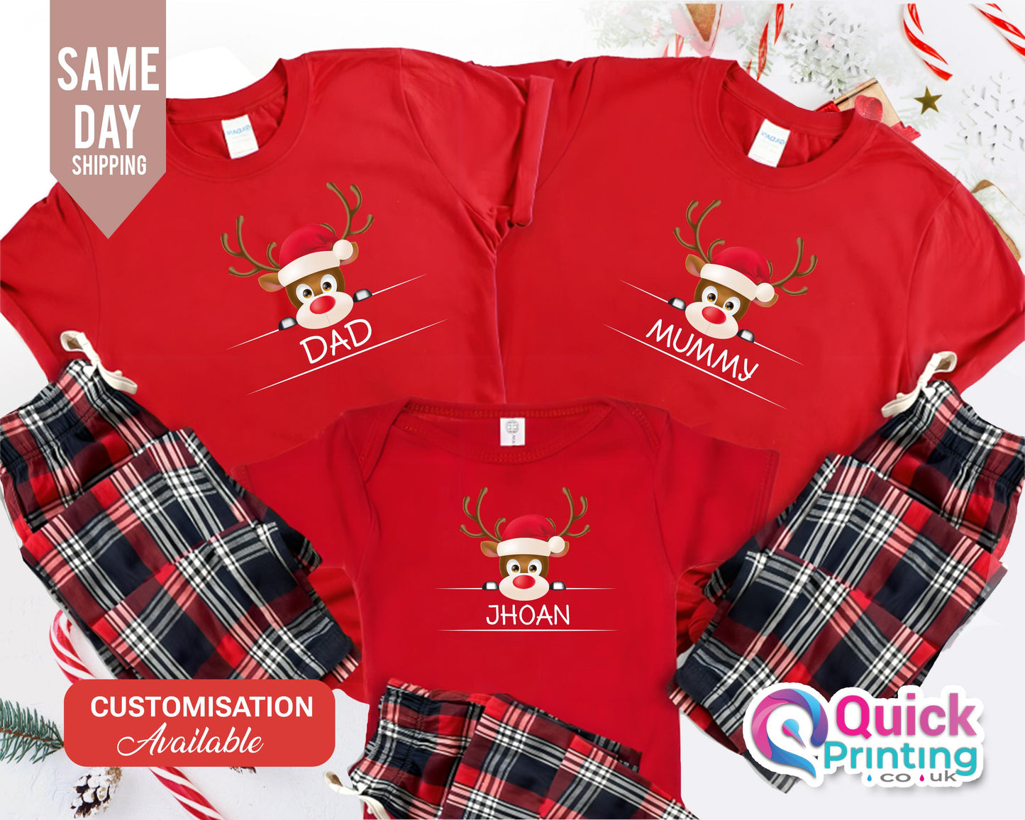 Personalized Family Christmas Pajama Set: Reindeer PJs & T-Shirt