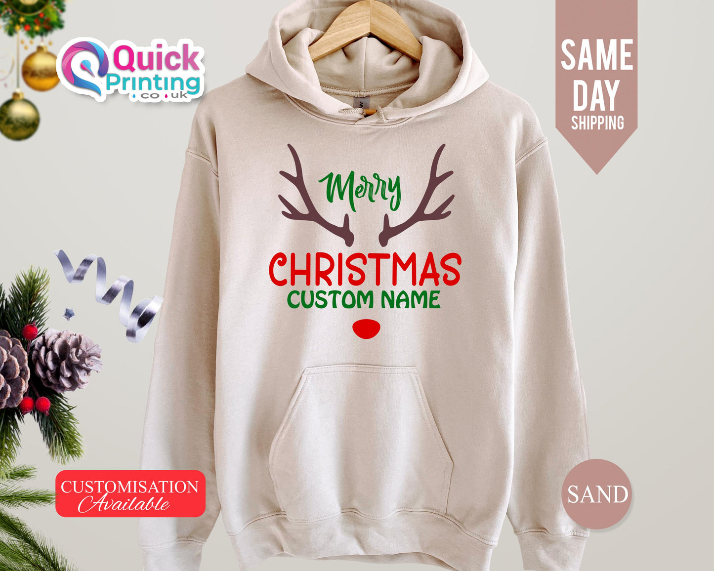 Personalized Family Christmas Hoodie: Reindeer Antler Matching Jumper