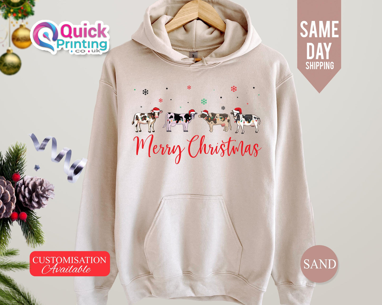 Christmas Cow Hoodie: Merry Xmas Lights Sweater, Farm Animal Lover Gift