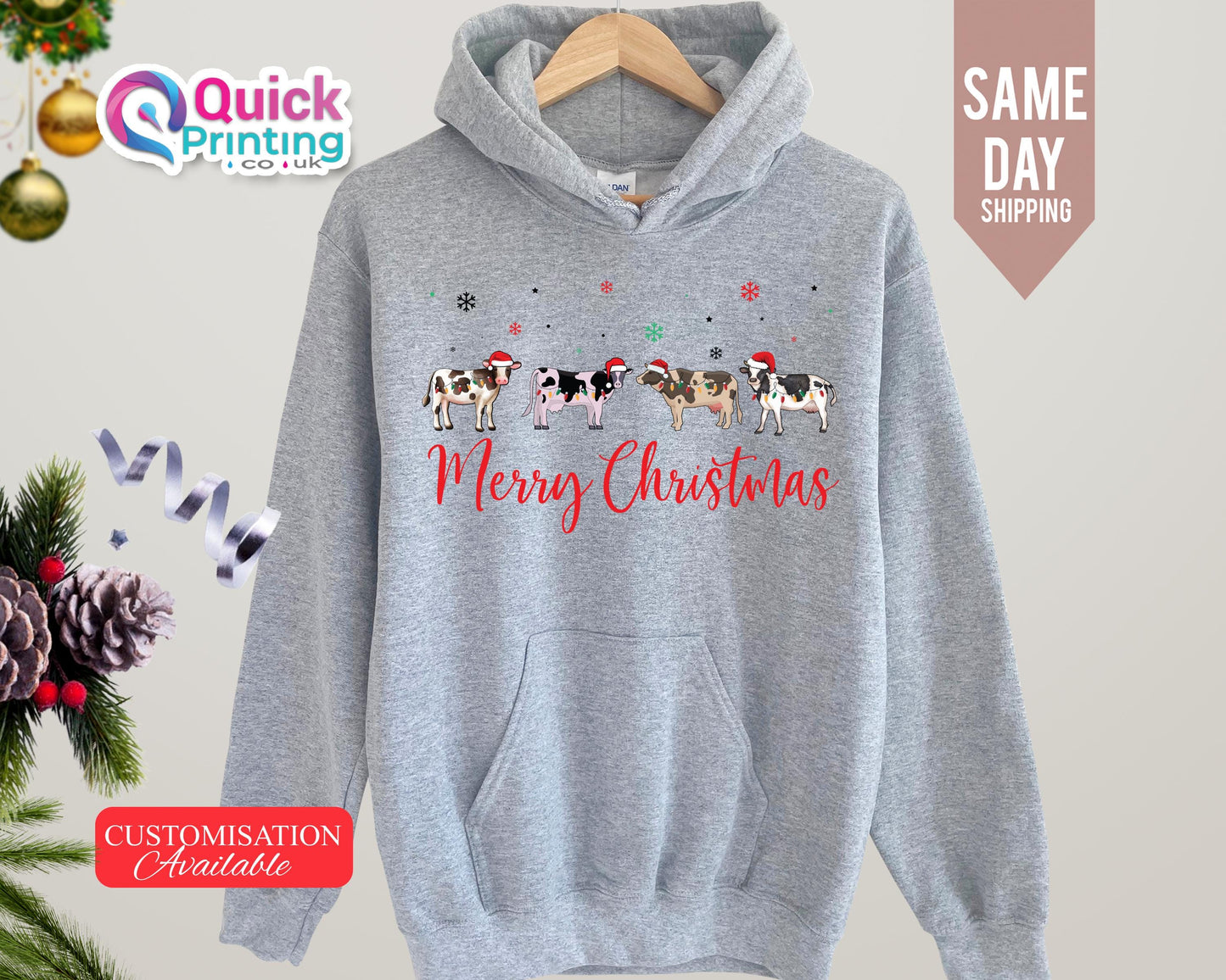 Christmas Cow Hoodie: Merry Xmas Lights Sweater, Farm Animal Lover Gift