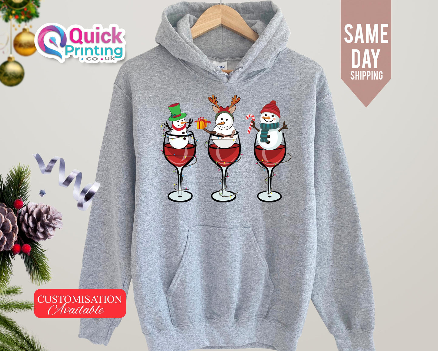 Christmas Wine Glass Snowman Hoodie: Funny Xmas Party Sweater