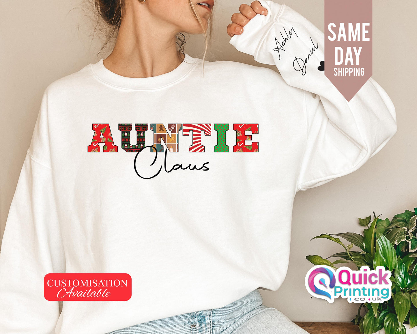 Auntie Claus Sweater, Custom Name on Sleeve Sweatshirt, Custom Auntie Claus Sweatshirt, Aunt Announcement, New Auntie, Auntie Christmas Gift