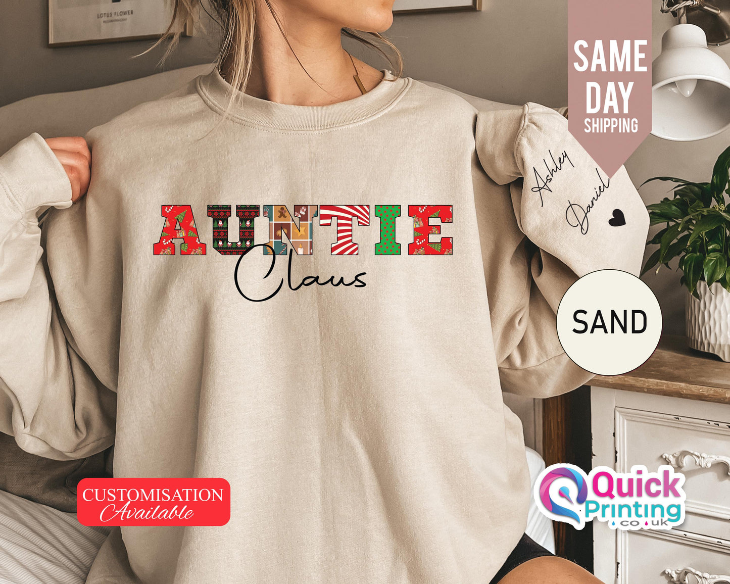 Auntie Claus Sweater, Custom Name on Sleeve Sweatshirt, Custom Auntie Claus Sweatshirt, Aunt Announcement, New Auntie, Auntie Christmas Gift