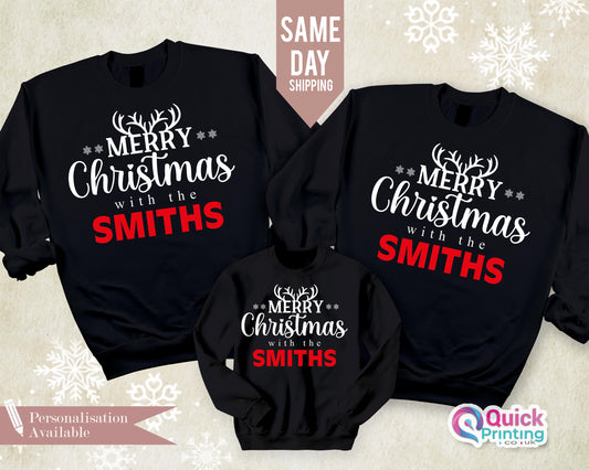Custom Merry Christmas Family Sweatshirt: Personalized Reindeer Jumper