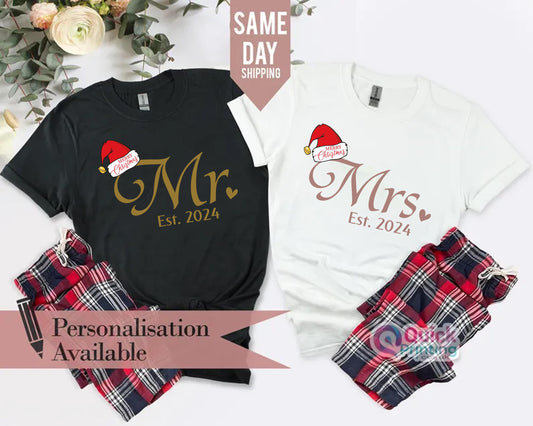Personalised Mr Mrs Matching Christmas Couple Tshirt, Hubby Wifey Shirts, Newly married Christmas Shirt, Honeymoon Tshirt, Christmas Gifts