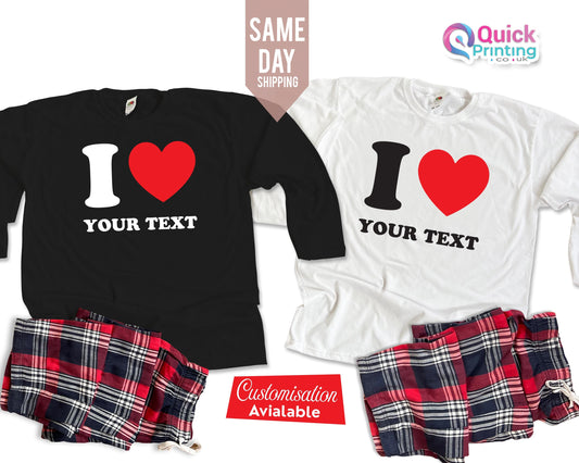 Personalised I Heart Long Sleeve Shirt, Personalised I Love T-Shirt, Heart Custom Shirt, Christmas Family Pajama set Long Sleeve,Xmas Pajama