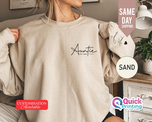 Custom Aunty Sweatshirt with Name on Sleeve, Personalized Auntie jumper, Auntie Announcement Sweater, Custom Auntie Sweatshirt, Auntie Gift