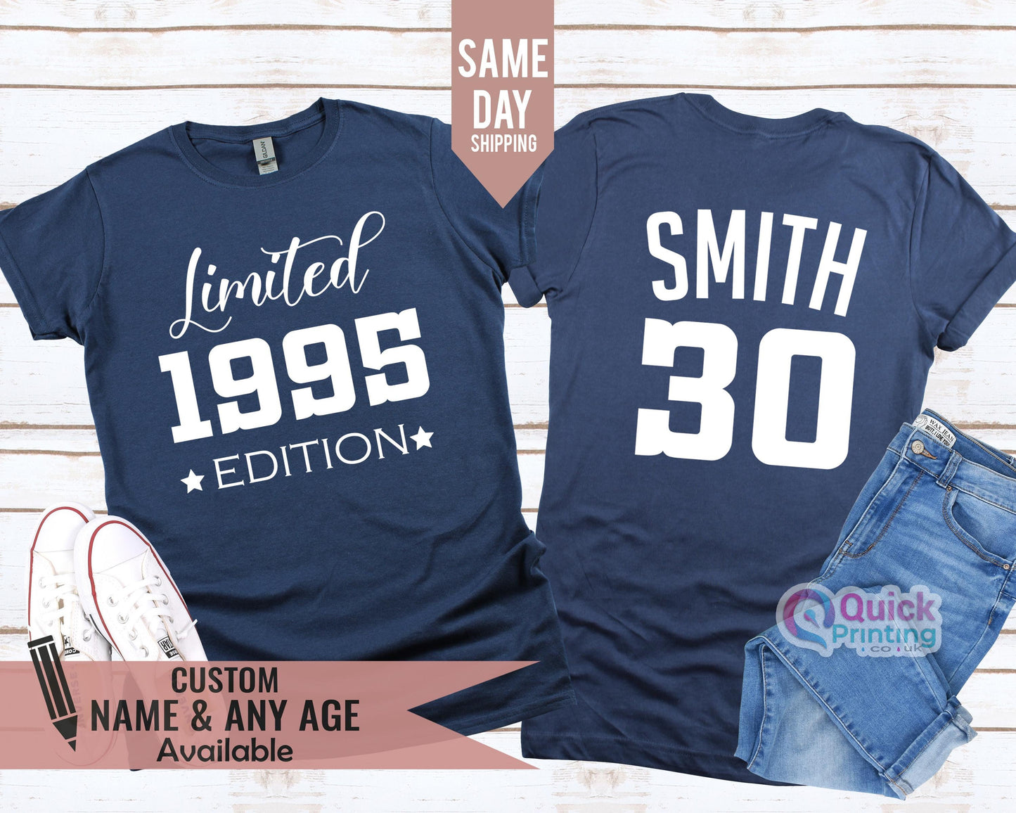 Personalized 30th Birthday T-Shirt: 1995 Limited Edition, Rose Gold Print