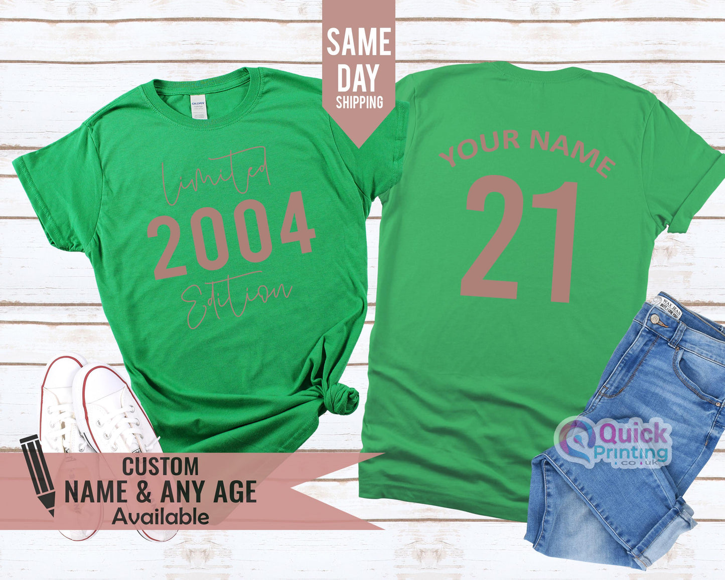 Personalized 21st Birthday T-Shirt: 2004 Edition, Rose Gold Print