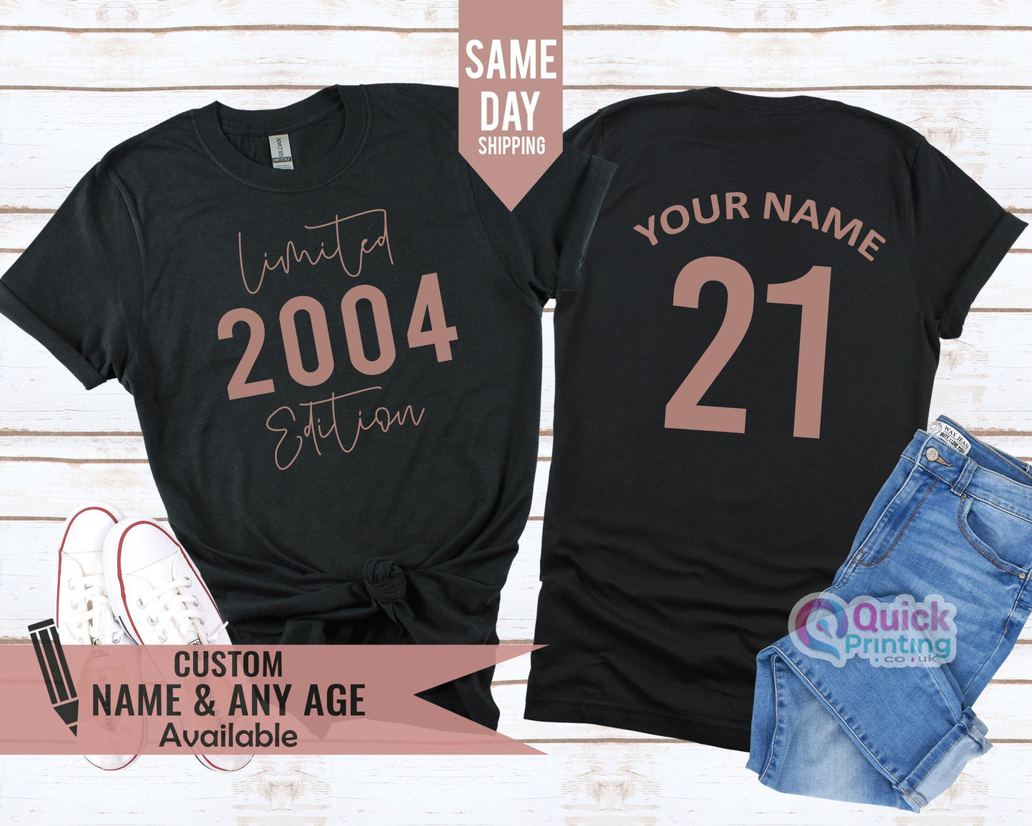 Personalized 21st Birthday T-Shirt: 2004 Edition, Rose Gold Print