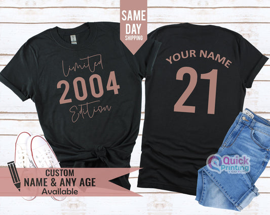 Personalized 21st Birthday T-Shirt: 2004 Edition, Rose Gold Print