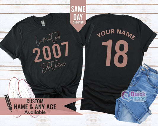 Personalized 18th Birthday T-shirt: Rose Gold Print, Custom Name & Age