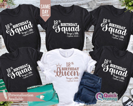 18th Birthday Queen, girls 18th birthday t-shirts 2025, Birthday Squad Personalised Matching T-Shirts, Party Tees, Birthday Trip Custom Tees